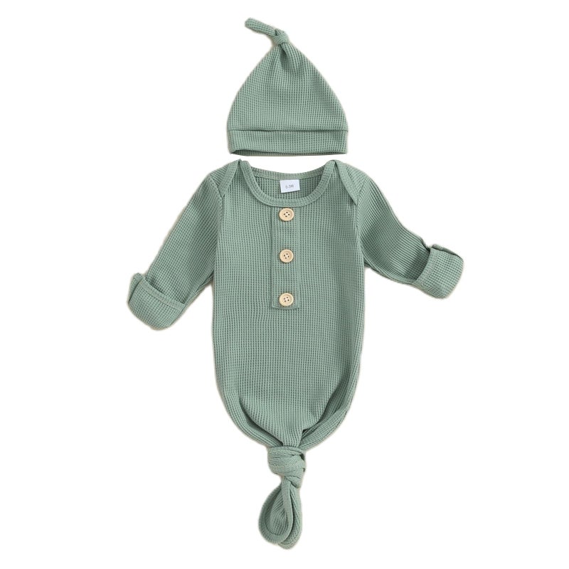 BULINGNA Newborn Baby Boys Girls Knotted Gown with Hat Set, Unisex Infant Nightgown with Mittens Sleepwear One Piece Pajamas (Green, 0-3 Months) - Image 1