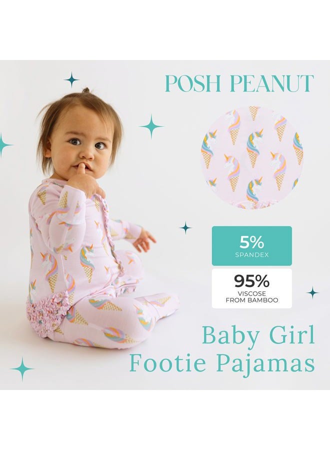 Posh Peanut Baby Footie Ruffled Zippered Rompers - Little Kids Clothes - Girls One Piece PJ - Soft Viscose from Bamboo (Unicorn Ice Cream, 6-9 Months) - Image 2