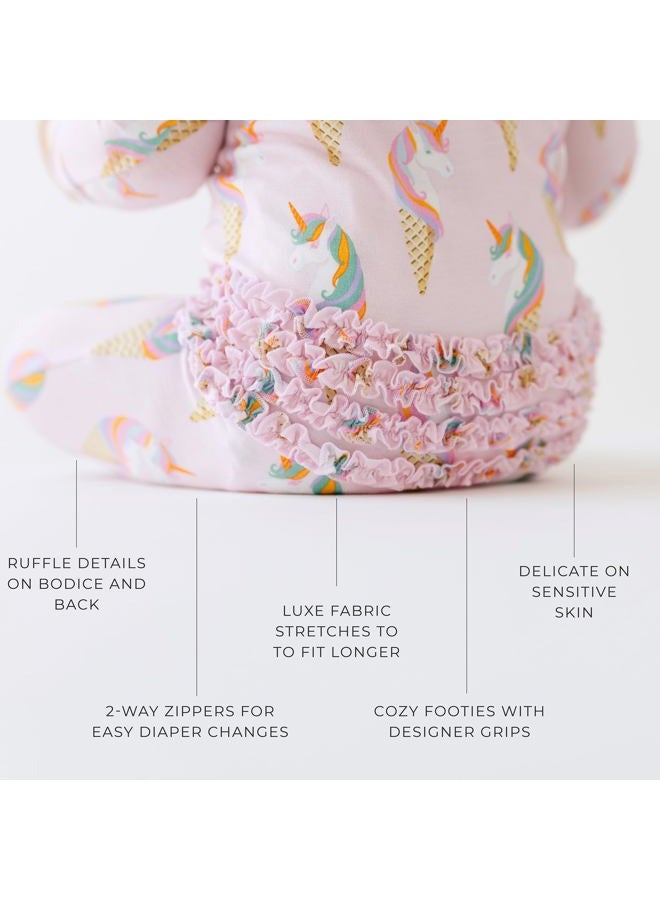 Posh Peanut Baby Footie Ruffled Zippered Rompers - Little Kids Clothes - Girls One Piece PJ - Soft Viscose from Bamboo (Unicorn Ice Cream, 6-9 Months) - Image 4