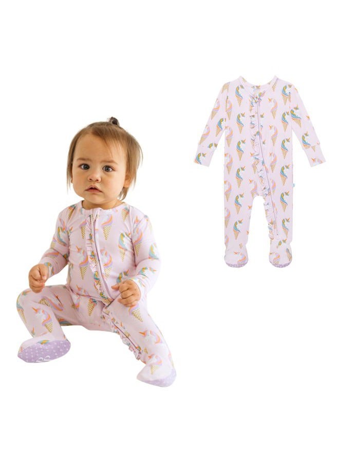Posh Peanut Baby Footie Ruffled Zippered Rompers - Little Kids Clothes - Girls One Piece PJ - Soft Viscose from Bamboo (Unicorn Ice Cream, 6-9 Months) - Image 1