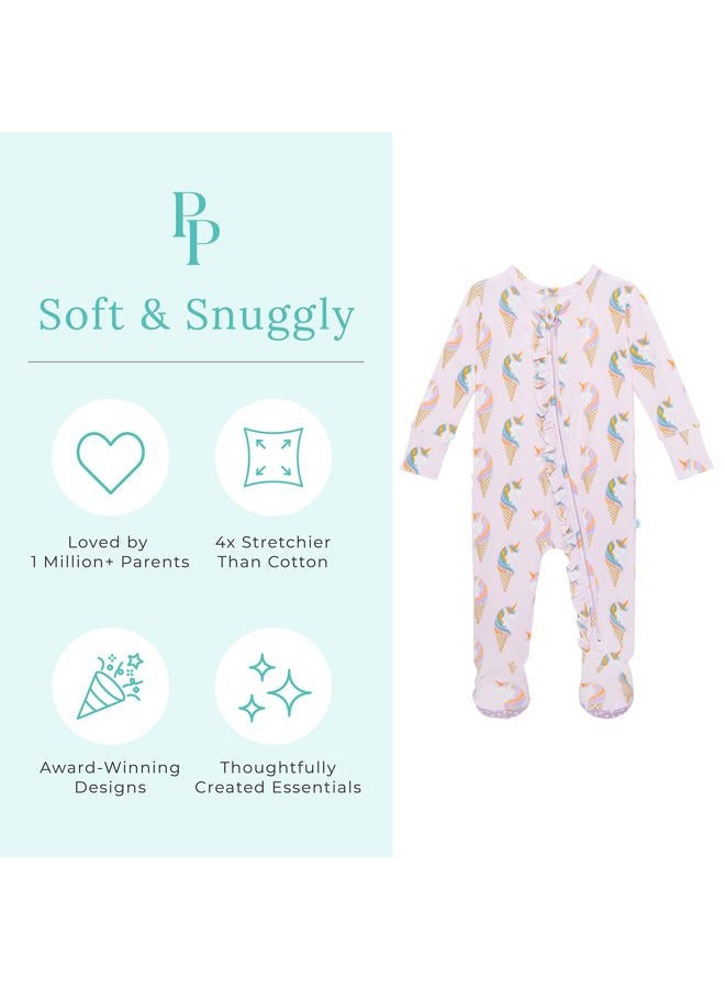 Posh Peanut Baby Footie Ruffled Zippered Rompers - Little Kids Clothes - Girls One Piece PJ - Soft Viscose from Bamboo (Unicorn Ice Cream, 6-9 Months) - Image 3