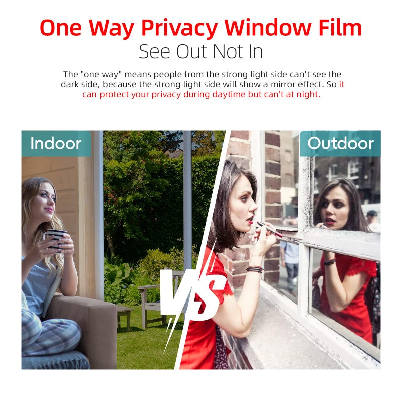 XHCN One Way Privacy Window Film Sun Blocking, Heat Blocking Window Tint for Home See Out But Not in, Static Cling & Anti UV, Black-Silver,17.5 Inch x 78.74 Inch - Image 3