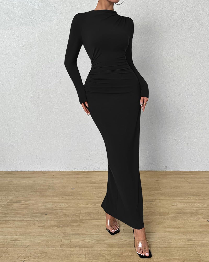 BTFBM Women Bodycon Maxi Dress Long Sleeve Back Slit Ruched Elegant Party Cocktail Formal Fall Wedding Guest Dresses(Black, Medium) - Image 2
