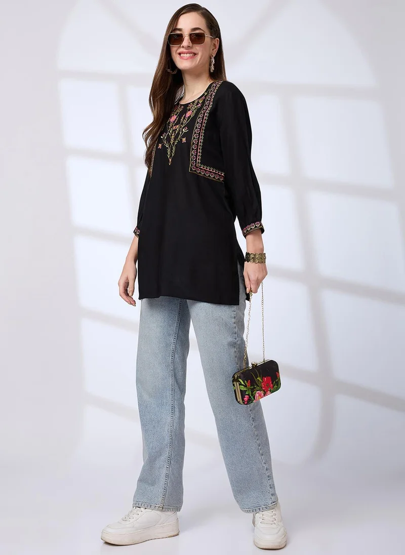 Globus black Globus Women's Black Embroidered Round Neck Fusion Tunic for Women | Best Price UAE