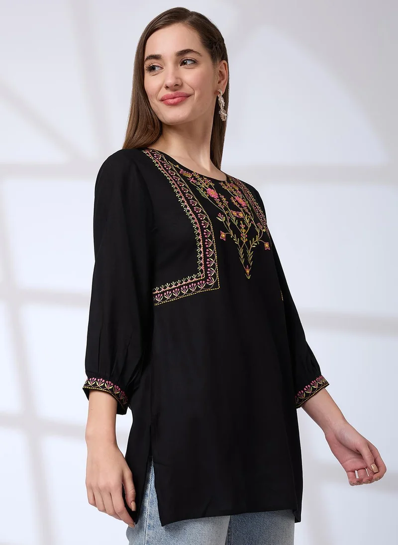 Globus black Globus Women's Black Embroidered Round Neck Fusion Tunic for Women | Best Price UAE