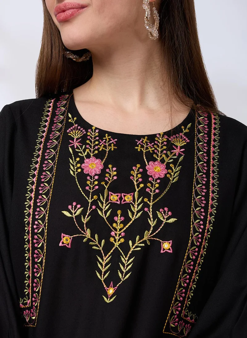 Globus black Globus Women's Black Embroidered Round Neck Fusion Tunic for Women | Best Price UAE