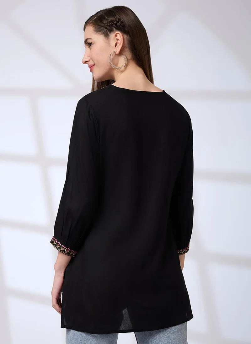 Globus black Globus Women's Black Embroidered Round Neck Fusion Tunic for Women | Best Price UAE