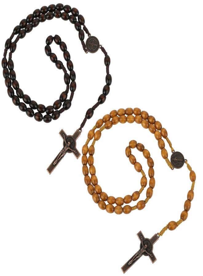 COMNICO Wood Rosary Beads, 2Pcs Wood Beads Rosary Necklace Handmade Rosarios Catolicos Dangling Cross Pendant Olive Wood Rosary Beads for Men and Women Baptism First Communion & Confirmation - Image 1