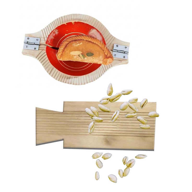 Ervio Wooden Gavvalu Maker Board & Gujiya Mould Combo – Handcrafted Peeta Chekka for Sweet Shells, Pasta, Karanji, Kajjikayalu – Traditional Dough Press & Shaper Tool for Indian Cooking & Baking - Image 1