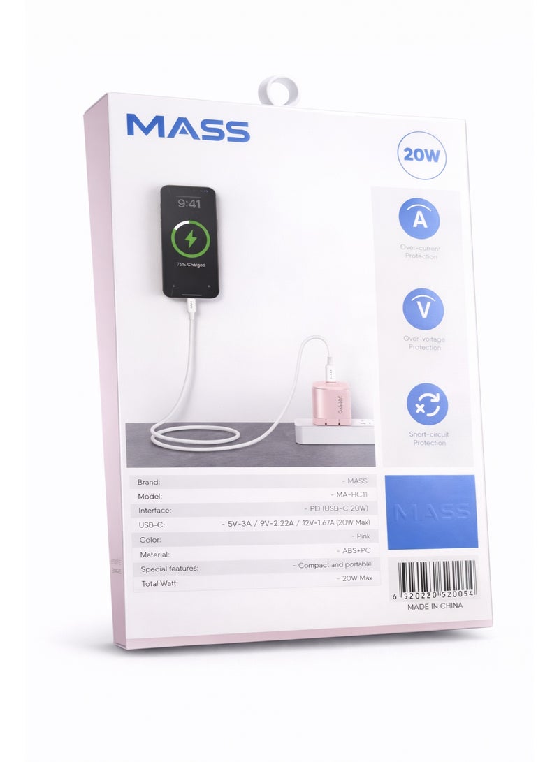 ماس شاحن USB-C سريع بقدرة 20 واط مع قابس قابل للطي، موديل: MA-HC11، شاحن PowerPort III مكعب بقوة 20 واط لأجهزة iPhone 14/14 Plus/14 Pro/14 Pro Max/13، وGalaxy، وPixel 4/3، وiPad/iPad Mini، لون وردي - ضمان محلي لمدة عام - Image 2