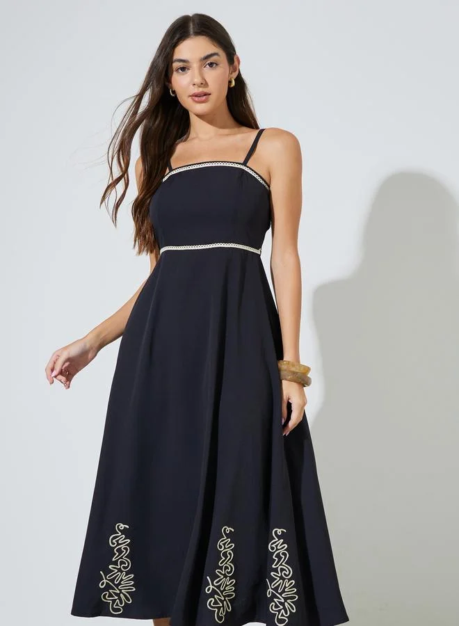 Styli  Black Embroidered Strappy A-Line Midi Dress for Women | Best Price UAE