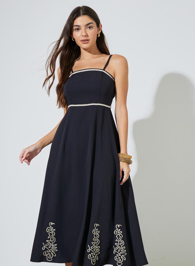 Styli Black Embroidered Strappy A-Line Midi Dress - Image 2