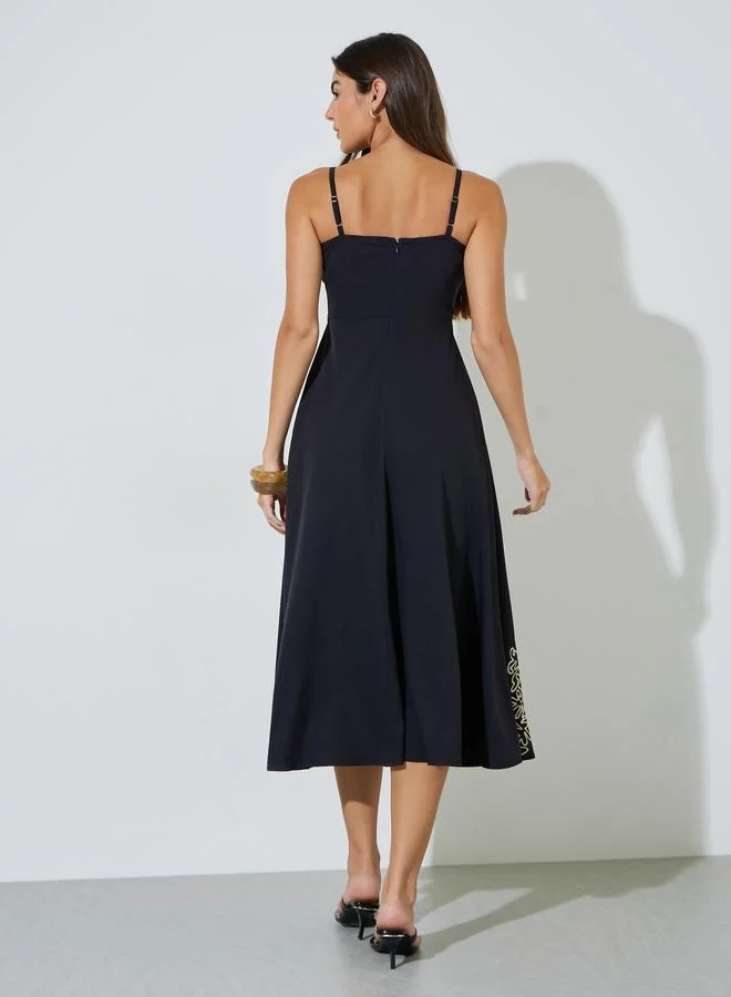 Styli  Black Embroidered Strappy A-Line Midi Dress for Women | Best Price UAE