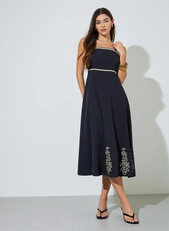 Styli  Black Embroidered Strappy A-Line Midi Dress for Women | Best Price UAE