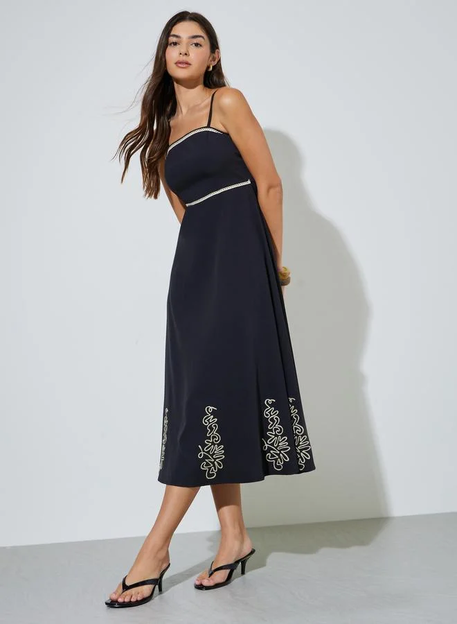 Black Embroidered Strappy A-Line Midi Dress