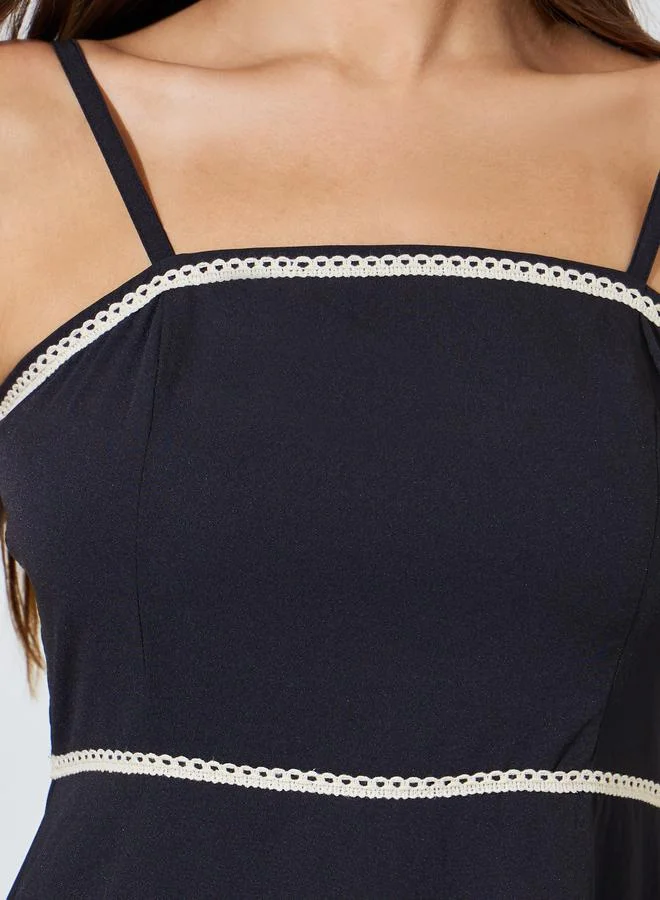 Styli  Black Embroidered Strappy A-Line Midi Dress for Women | Best Price UAE