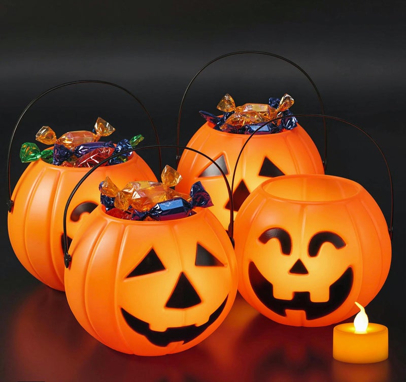 MCPINKY Halloween Pumpkin Buckets 4PCS Portable JackOLantern Buckets with 4PCS Candle LED Lights Trick or Treat Goody for Kids Halloween Party Favors Room Decor - Image 2
