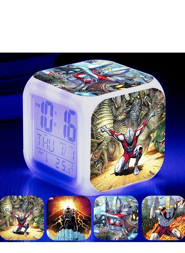 KUYING Ultraman Cartoon Cute Game Surrounding Children LED Digital Colorful Luminous Night Light Alarm Clock 