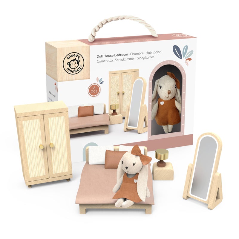 SPEEDY MONKEY Doll House Bedroom Playset Wooden Playhouse with Bunny Character Furnitures Set for Kids Pretend Play Dollhouse and Imaginative Room Dcor Storytelling for Toddlers Preschoolers - Image 3