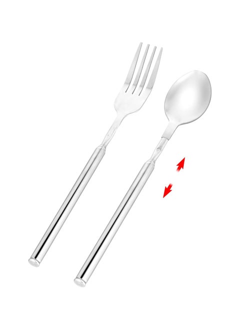 Extendable Fork Spoon, Telescopic Fork and Spoon Set Stainless Steel, Long Retractable Fork, Expandable Fork Spoon Extends to 25.2 Inch, BBQ and Fruit Tableware
