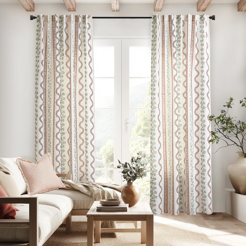 Lino Rosa Sage Green Boho Curtains, Floral Pattern Linen Rustic Farmhouse Sheer Botanical Curtains for Living Room Bedroom, 84 Inches Long 2 Panels, Terracotta and Cream - Image 2