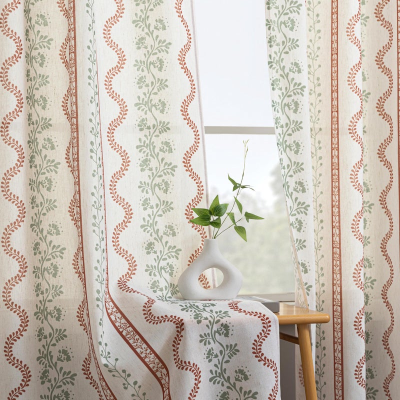 Lino Rosa Sage Green Boho Curtains, Floral Pattern Linen Rustic Farmhouse Sheer Botanical Curtains for Living Room Bedroom, 84 Inches Long 2 Panels, Terracotta and Cream - Image 1