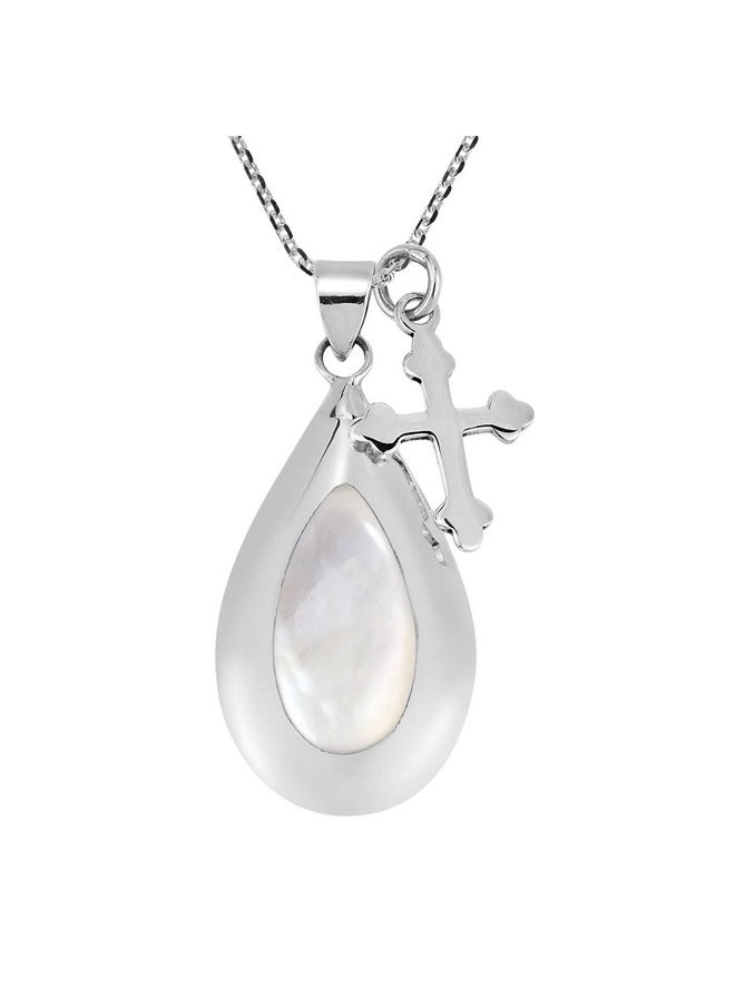AeraVida Purity Cross Dangle Teardrop White Mother Of Pearl .925 Sterling Silver Pendant Necklace | Elegant Pendant Necklace For Women | Cross Inspired Accessory For Anniversary Jewelry Gift  - Image 1