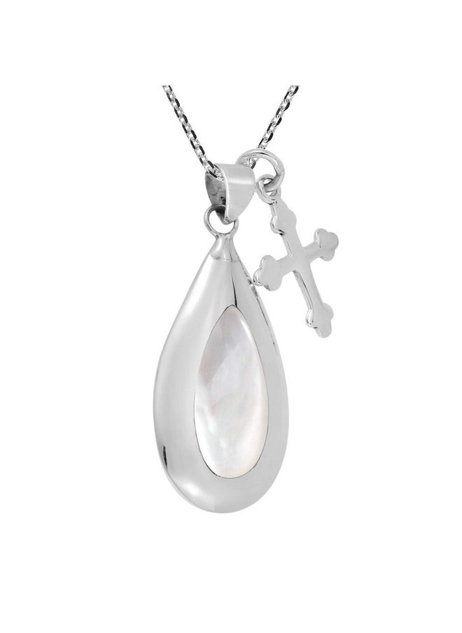 AeraVida Purity Cross Dangle Teardrop White Mother Of Pearl .925 Sterling Silver Pendant Necklace | Elegant Pendant Necklace For Women | Cross Inspired Accessory For Anniversary Jewelry Gift  - Image 2