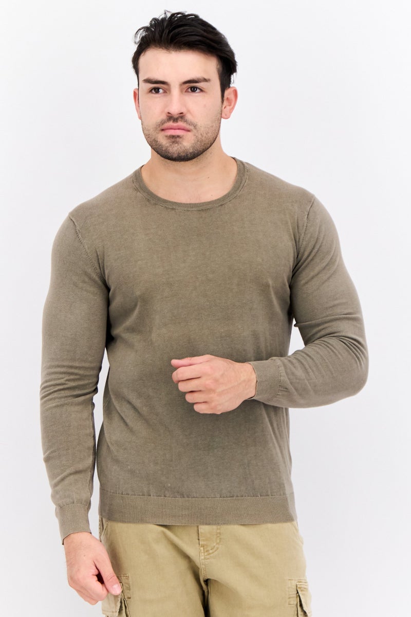 GAS Men Ribbed Neck Solid Long Sleeves Sweatshirt, Light Olive - Image 1