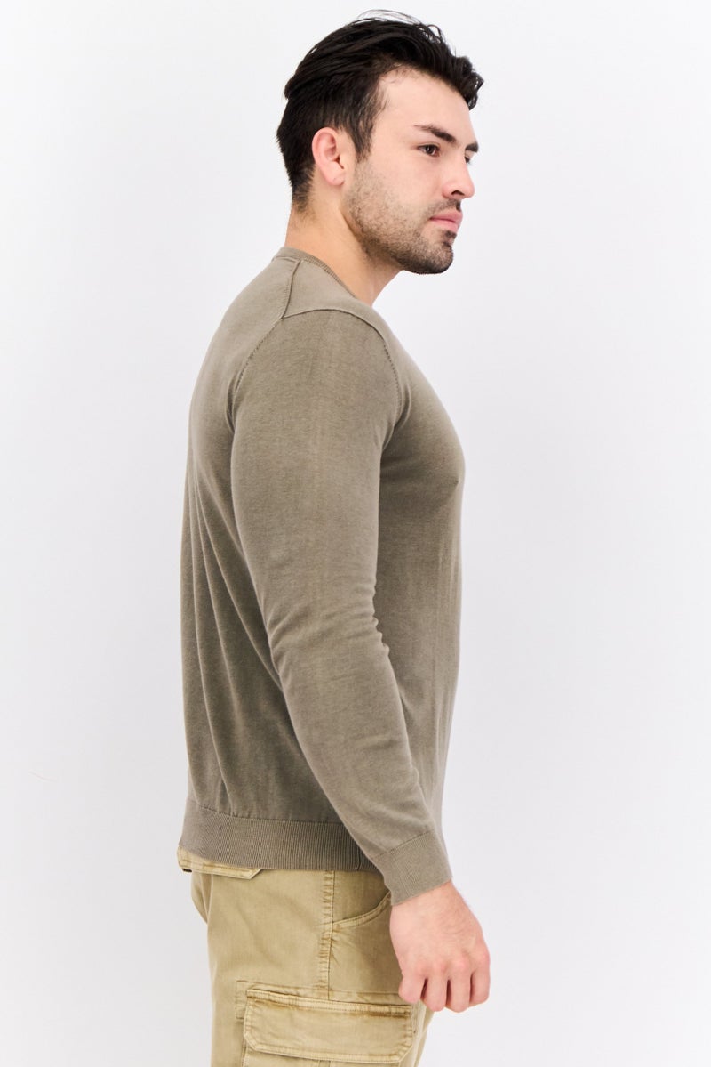 GAS Men Ribbed Neck Solid Long Sleeves Sweatshirt, Light Olive - Image 4