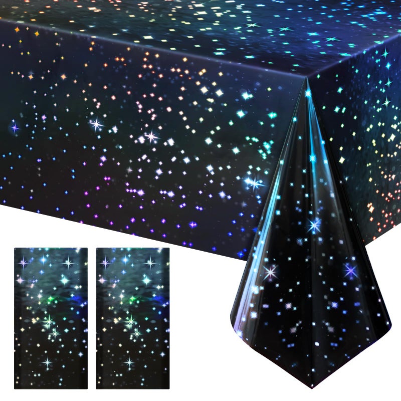 Just Shimmer 2 Pack Iridescent Galaxy Holography Tablecloth, 54'' x 108'' Color-Shifting Space Table Cover with Reflective Stars, Disposable Plastic, Waterproof & Durable for Starry Night, Birthday, Party DÃ©cor - Image 1