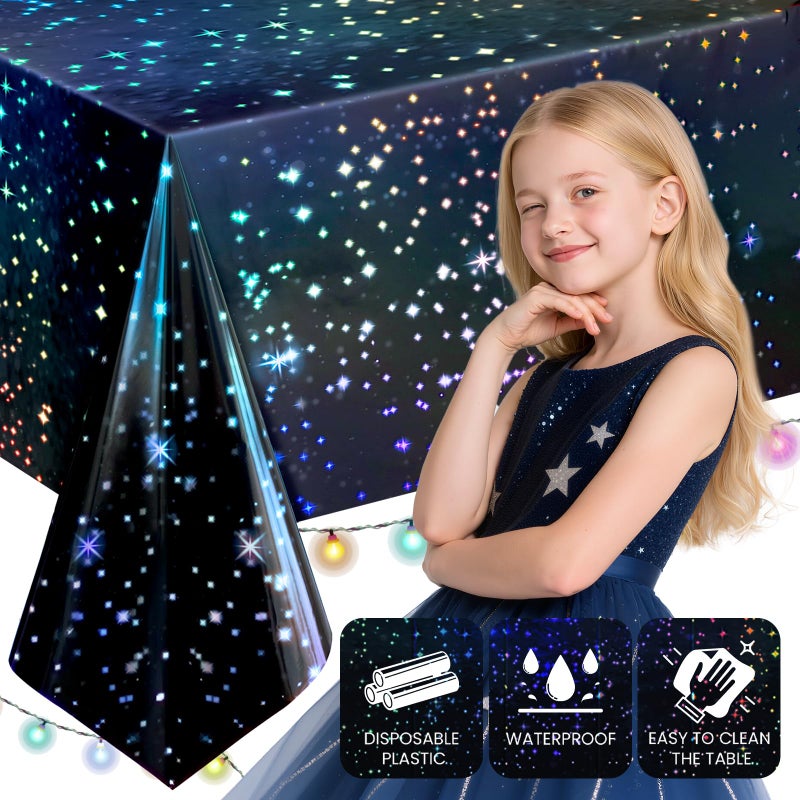 Just Shimmer 2 Pack Iridescent Galaxy Holography Tablecloth, 54'' x 108'' Color-Shifting Space Table Cover with Reflective Stars, Disposable Plastic, Waterproof & Durable for Starry Night, Birthday, Party DÃ©cor - Image 3