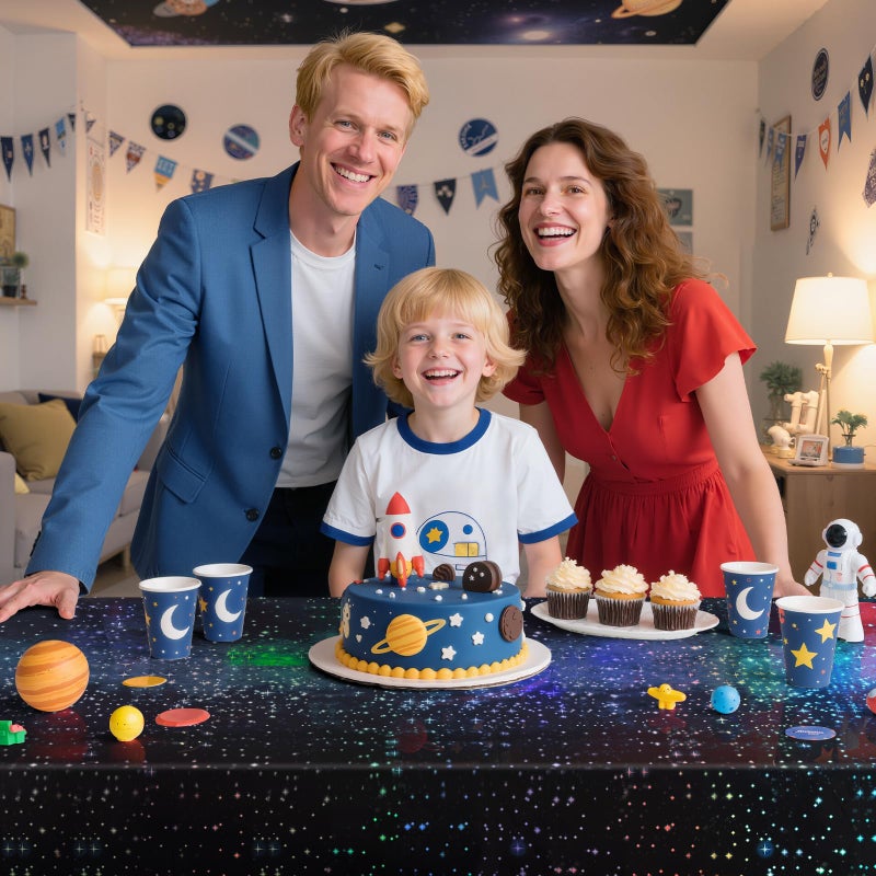 Just Shimmer 2 Pack Iridescent Galaxy Holography Tablecloth, 54'' x 108'' Color-Shifting Space Table Cover with Reflective Stars, Disposable Plastic, Waterproof & Durable for Starry Night, Birthday, Party DÃ©cor - Image 5