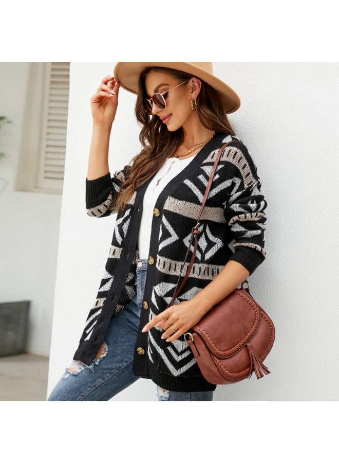 NIBEMINENT Geometric Rhombus Knitted Cardigan Women's Spring Thickened Lazy Loose Outer Wear Mid-length Sweater Coat - Image 1