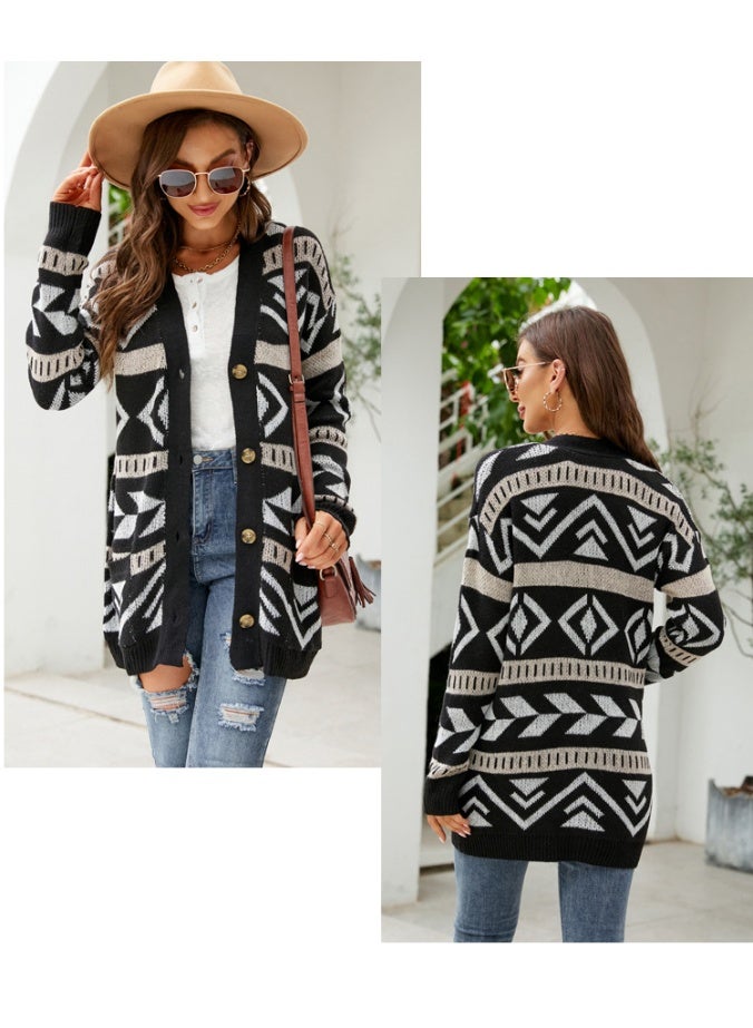 NIBEMINENT Geometric Rhombus Knitted Cardigan Women's Spring Thickened Lazy Loose Outer Wear Mid-length Sweater Coat - Image 2