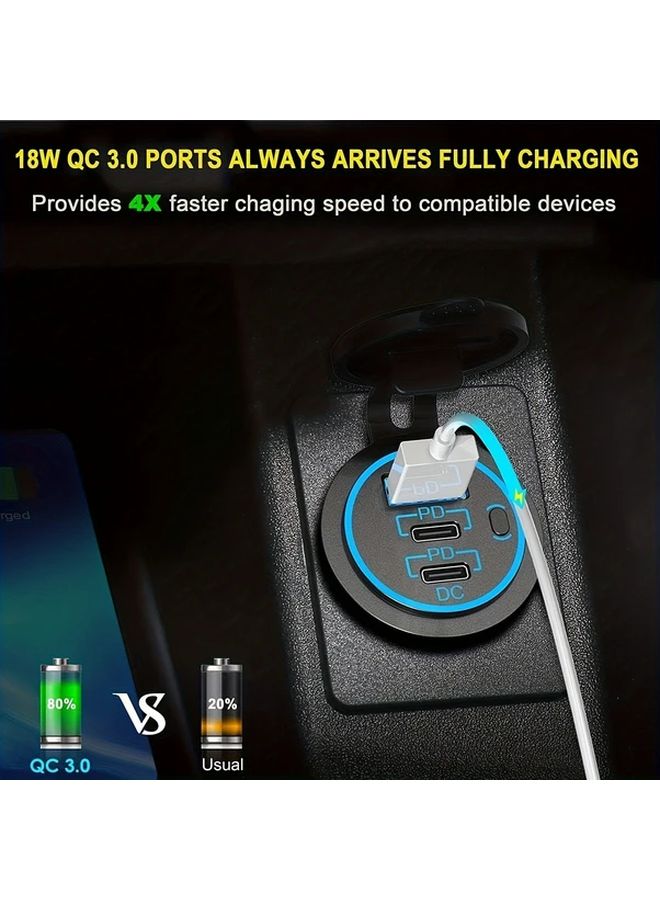 Green Light Triple Port Car Charger With Line Type C PD 3 0 QC 3 0 Fast Charging For 12V 24V Vehicles - Image 4