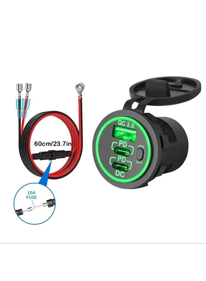 Green Light Triple Port Car Charger With Line Type C PD 3 0 QC 3 0 Fast Charging For 12V 24V Vehicles - Image 1
