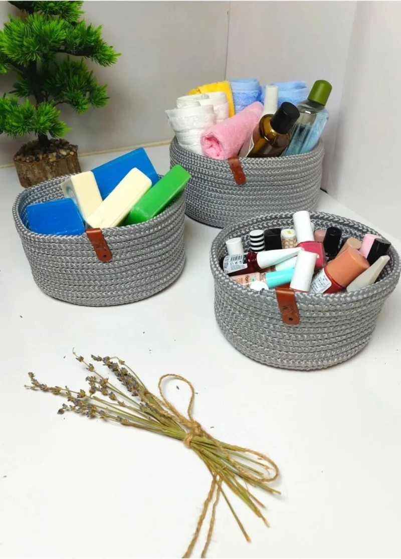 بدز ديري I Jute Wicker Multi-Purpose Basket Bathroom Kitchen Organizer Basket Set Hand Woven Gray