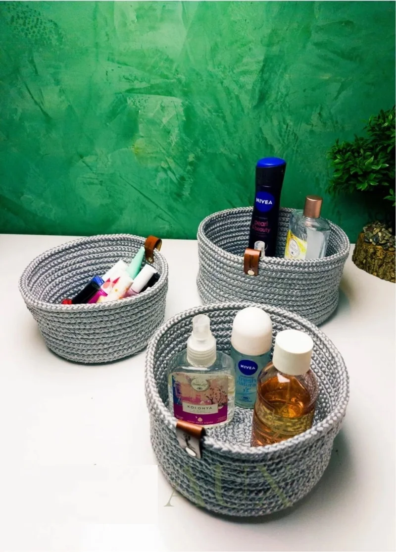 بدز ديري I Jute Wicker Multi-Purpose Basket Bathroom Kitchen Organizer Basket Set Hand Woven Gray