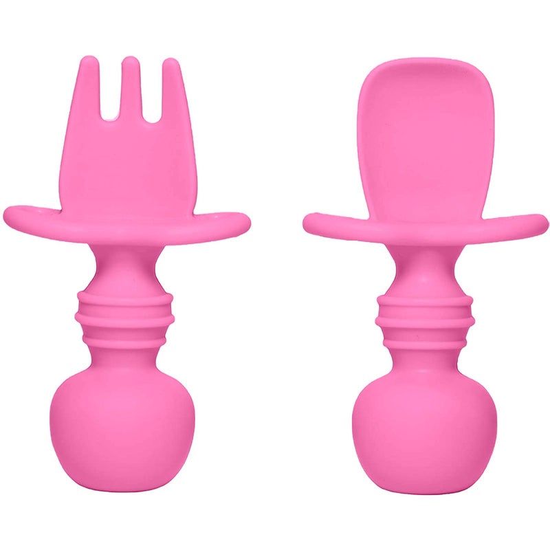 Silikong Silicone Utensils Baby Fork and Spoon Set Training Utensils Baby Led Weaning Stage 1 for Ages 6 Months Pink