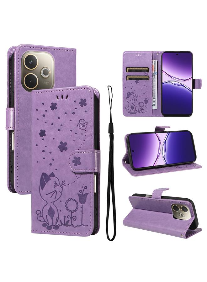 اس-توب جراب لهاتف OPPO A5 Pro 5G Global جراب هاتف من الجلد القابل للطي منقوش عليه صورة قطة ونحلة - Image 1