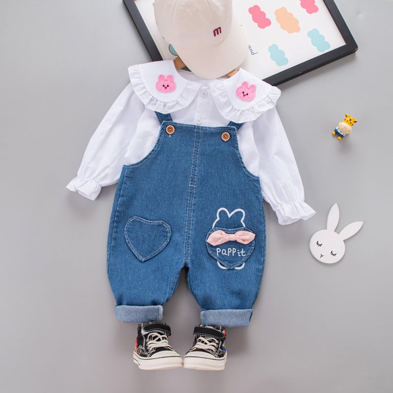 Five Small Seven Children'S Clothing 2024 New 0-4 Years Old Girl Rabbit Shirt Denim Suspenders Two-Piece Set - Image 1