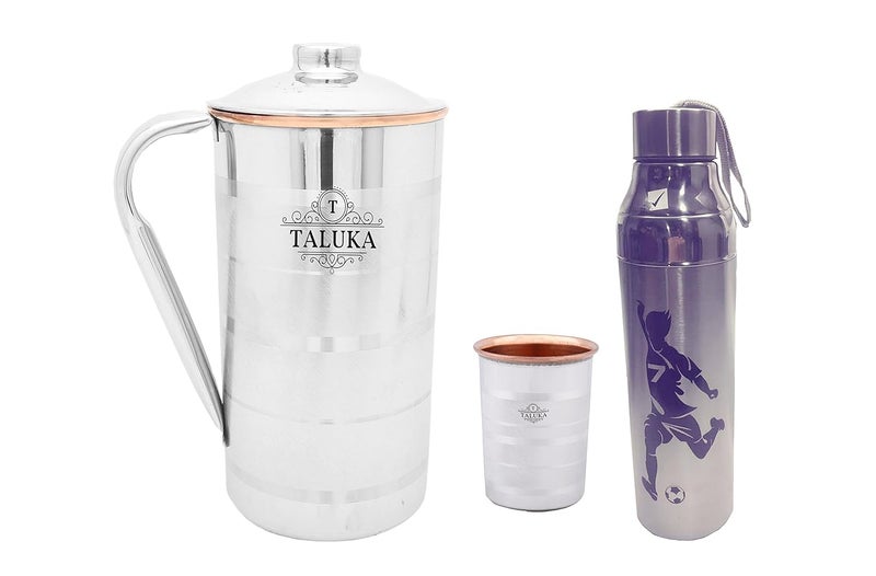 Taluka Stainless Steel Copper Jug 2000 ML for Drinking Water with 1 Steel Copper Glass 350 ML and 1 Steel Bottle Water Storage - Image 1