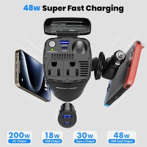 BESTEK محول الطاقة BESTEK 200 واط، محول قابس السيارة مع مخرج مزدوج لشحن USB بقوة 4.5A، شاحن سيارة لحامل الأكواب مع مقبس ولاعة السجائر للكمبيوتر المحمول، الكمبيوتر (أحمر كولا) - Image 3