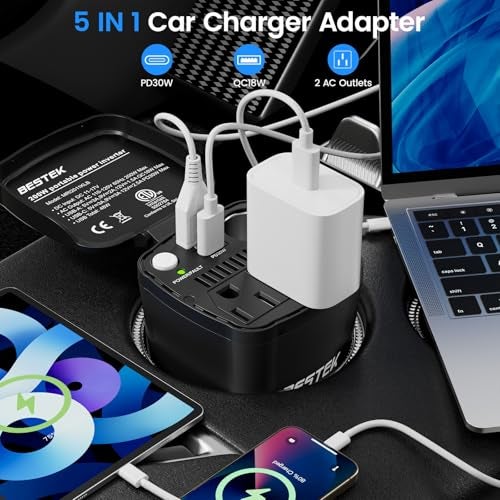 BESTEK محول الطاقة BESTEK 200 واط، محول قابس السيارة مع مخرج مزدوج لشحن USB بقوة 4.5A، شاحن سيارة لحامل الأكواب مع مقبس ولاعة السجائر للكمبيوتر المحمول، الكمبيوتر (أحمر كولا) - Image 4