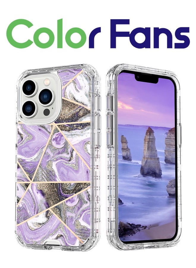 Color Fans Apple iPhone 15 Pro Max (6.7 inch) Luxury Glitter Marble Case - Fashionable 3-in-1 Shockproof Protective Cover for Women and Girls - Purple Triangle Marble  - Image 1