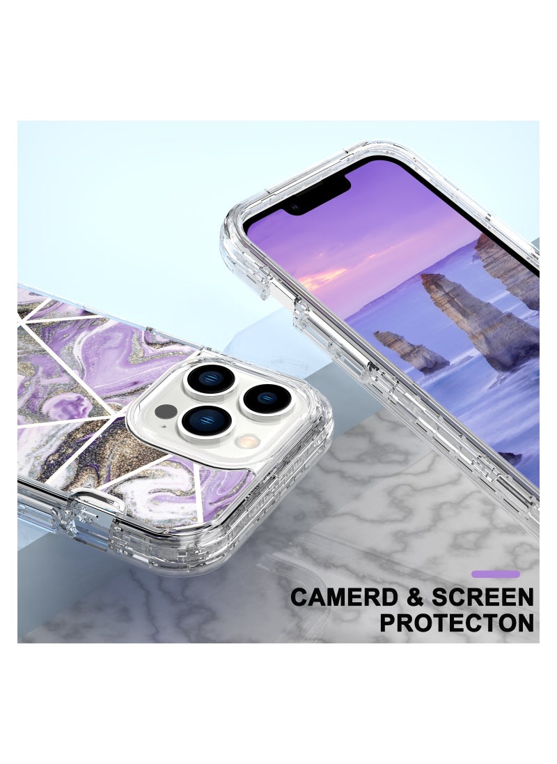Color Fans Apple iPhone 15 Pro Max (6.7 inch) Luxury Glitter Marble Case - Fashionable 3-in-1 Shockproof Protective Cover for Women and Girls - Purple Triangle Marble  - Image 4