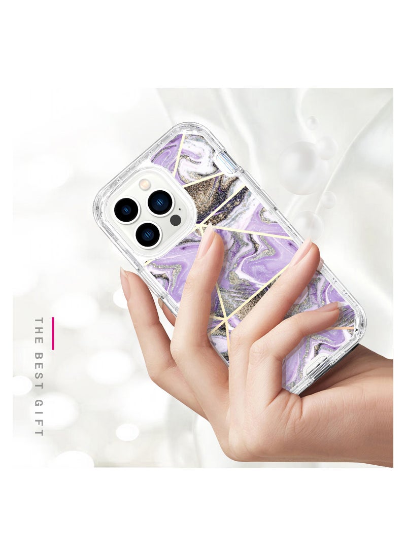 Color Fans Apple iPhone 15 Pro Max (6.7 inch) Luxury Glitter Marble Case - Fashionable 3-in-1 Shockproof Protective Cover for Women and Girls - Purple Triangle Marble  - Image 3