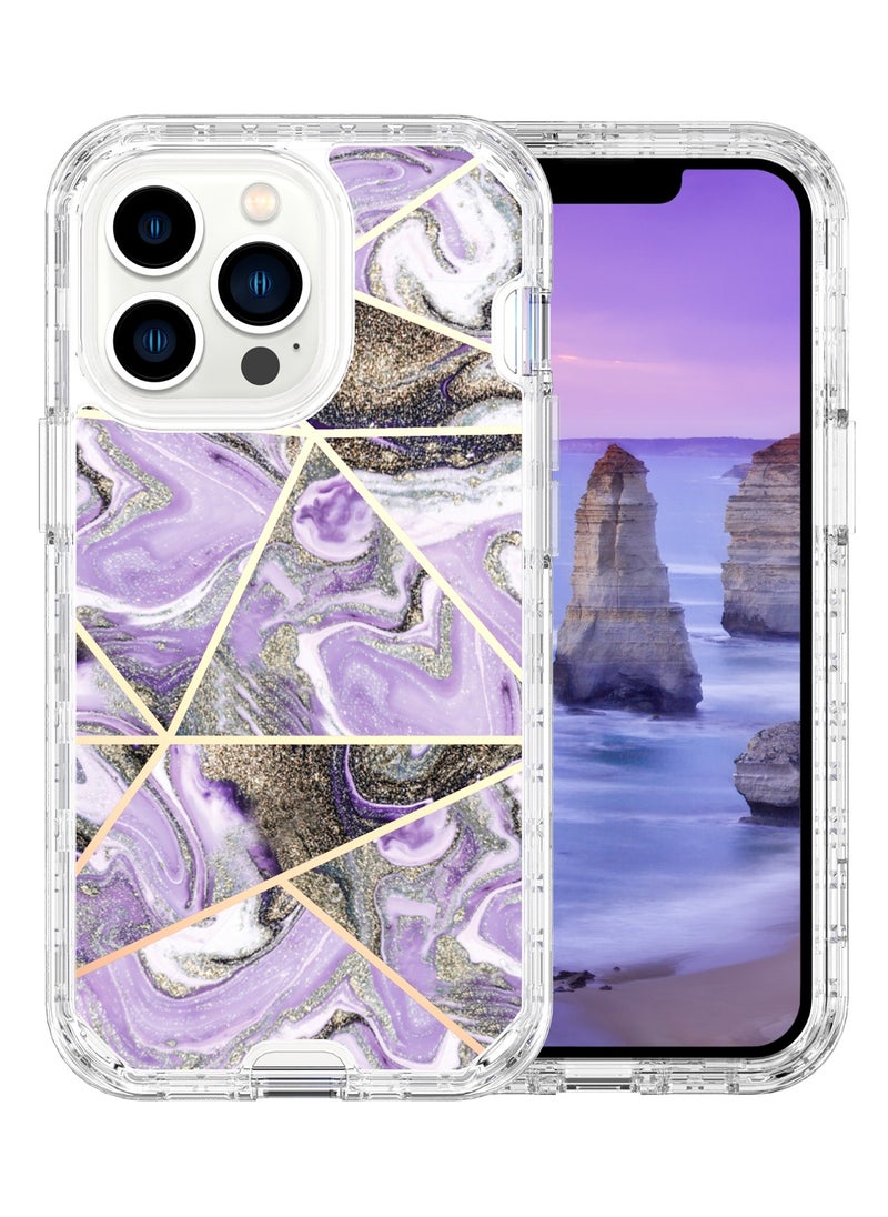 Color Fans Apple iPhone 15 Pro Max (6.7 inch) Luxury Glitter Marble Case - Fashionable 3-in-1 Shockproof Protective Cover for Women and Girls - Purple Triangle Marble  - Image 2