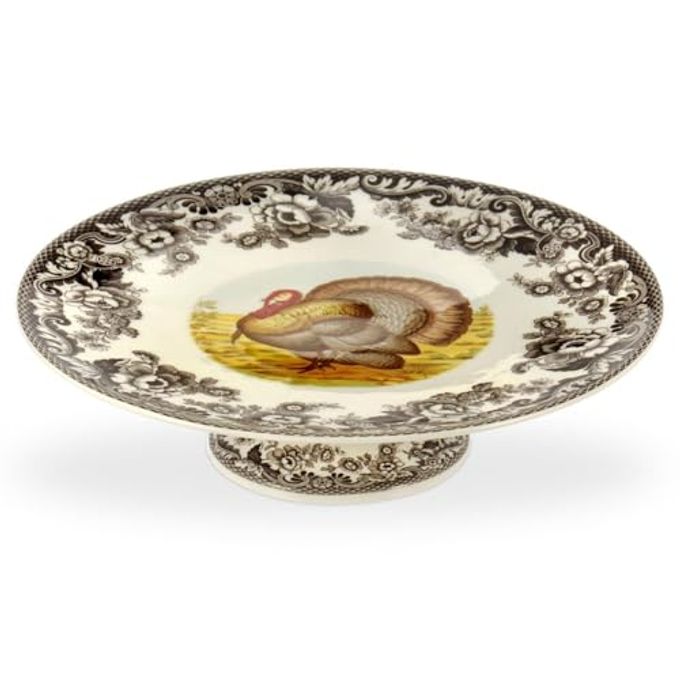 Spode Woodland Turkey Footed Cake Plate - 10.5 Inch Fine Porcelain Serveware for Thanksgiving Cakes, Pies, Sandwiches & More - Elegant Turkey Centerpiece, Dishwasher Safe